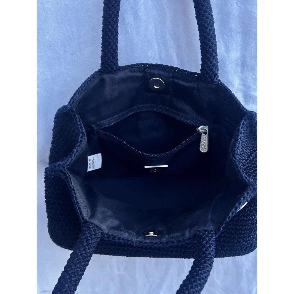The Sak Navy Blue Crochet Zip Top Shoulder Bag Purse Casual Granny Grandma Core